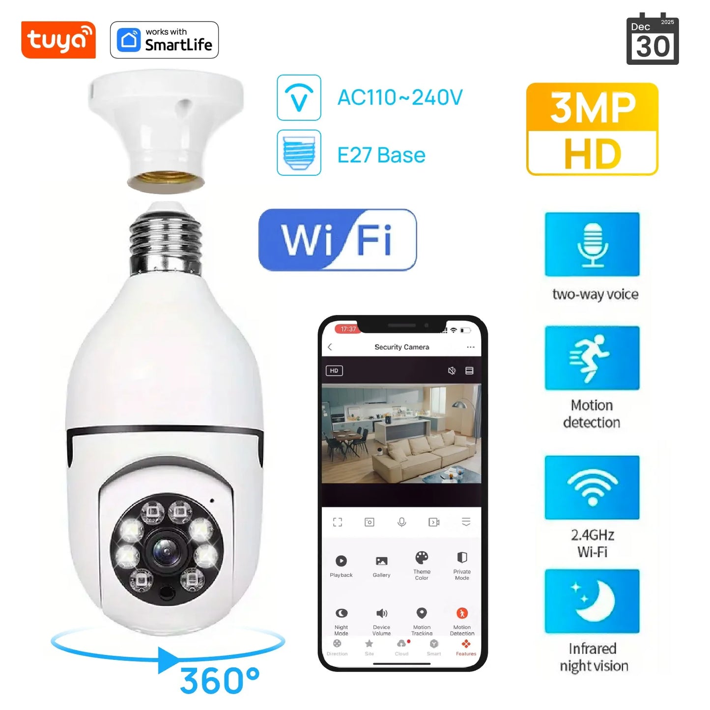 4MP Tuya Smart Home 2.4G E27 Bulb Wifi Surveillance Camera Night Security Video Surveillance Supprt Two Way Audio Mobile Motion