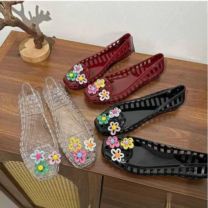 Transparent Crystal Jelly Sandals Hollow Slippers Korean Design Shoes Women's Sauare Toe Shallow Slip Ballet Square-toed Shoes