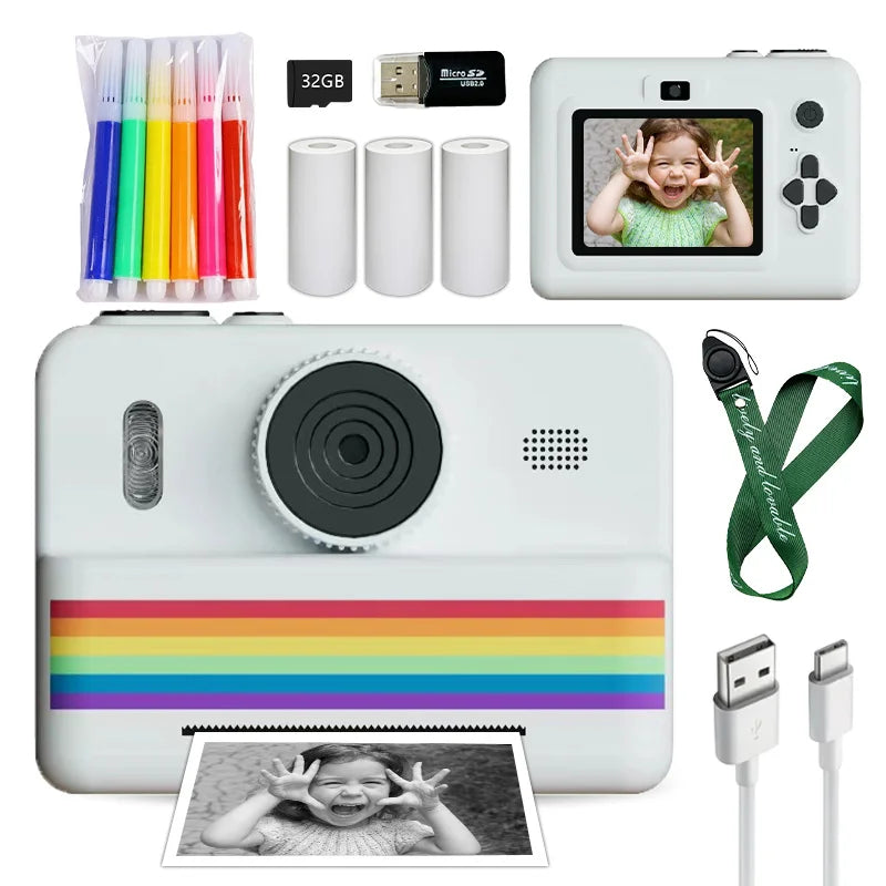 kids instants camera with 32GB memory card&color pencil, dual cameras, flashlight, the perfect gift for boys and girls.