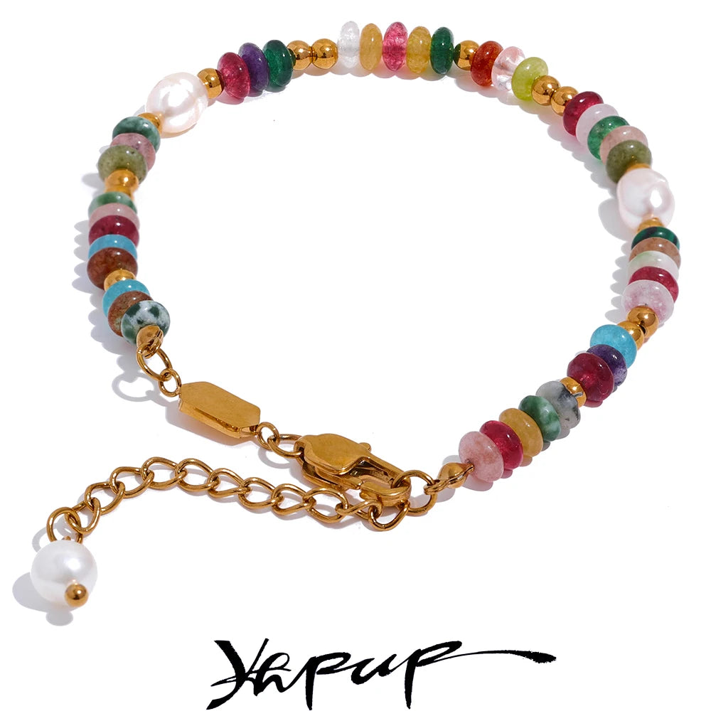 Yhpup High-Grade Natural Stone Pearl Chain Stainless Steel Luxury Bracelet Bangle for Women Waterproof Trendy Jewelry Gift