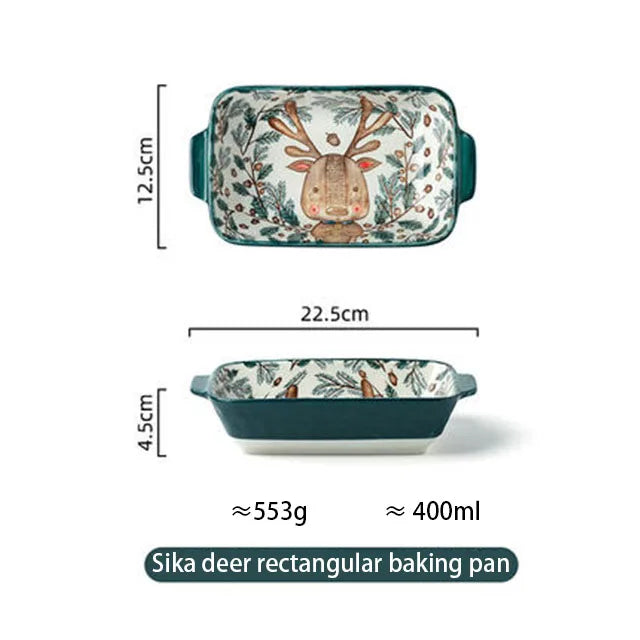 YWDL Ceramic Bakeware With Handle Forest Animals Baking Pan  Underglaze  Kitchen Tableware Salad Bowl Au Gratin Dishes