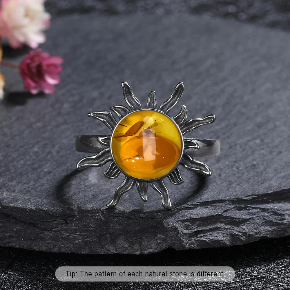 S925 Sterling Silver Ring With Natural Amber Stone Flower Shape Oval Petal Amber Stone Gifts Fine Jewelry For Women