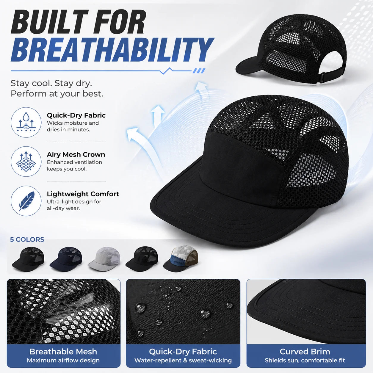 Summer Full Mesh Baseball Cap Quick Dry Breathable Sport Hat Deep 11cm Adjustable Cooling Running Hiking Sun Hats for Men Women