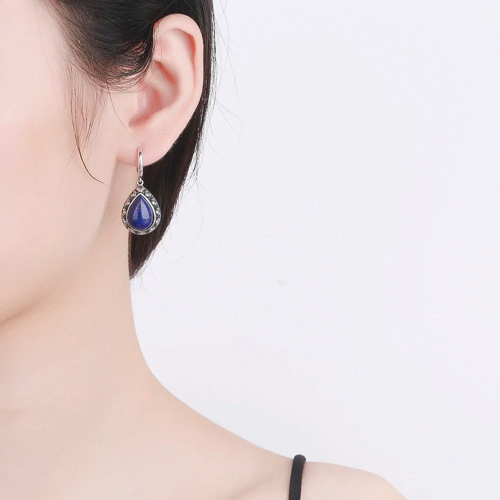 Vintage Natural Lapis Lazuli Jewelry S925 Sterling Silver Earrings for Women Moonstone Gemstone Engagement Anniversary Gift