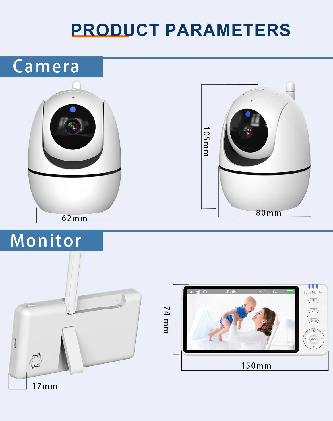 HTMCK 5 Inch Video Baby Monitor Night Vision with 4X Zoom Two-Way Audio Nanny Camera for Mother Kid Babysitter
