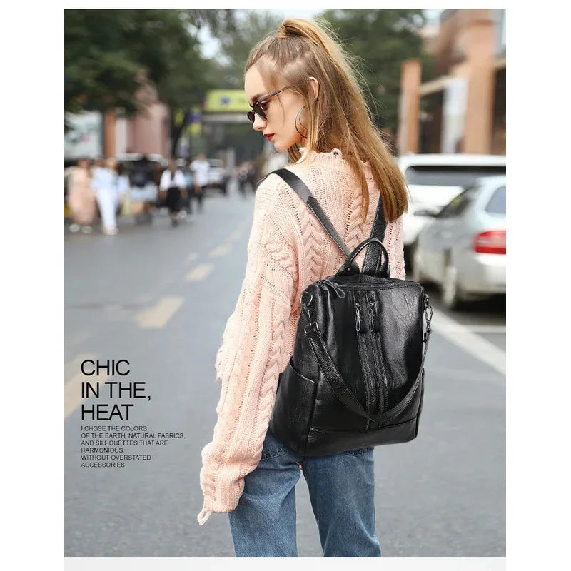 Women Soft Leather Backpack School Black Casual Multifunctional College Bag Large Capacity Shoulder Bags Travel Tote Backpack