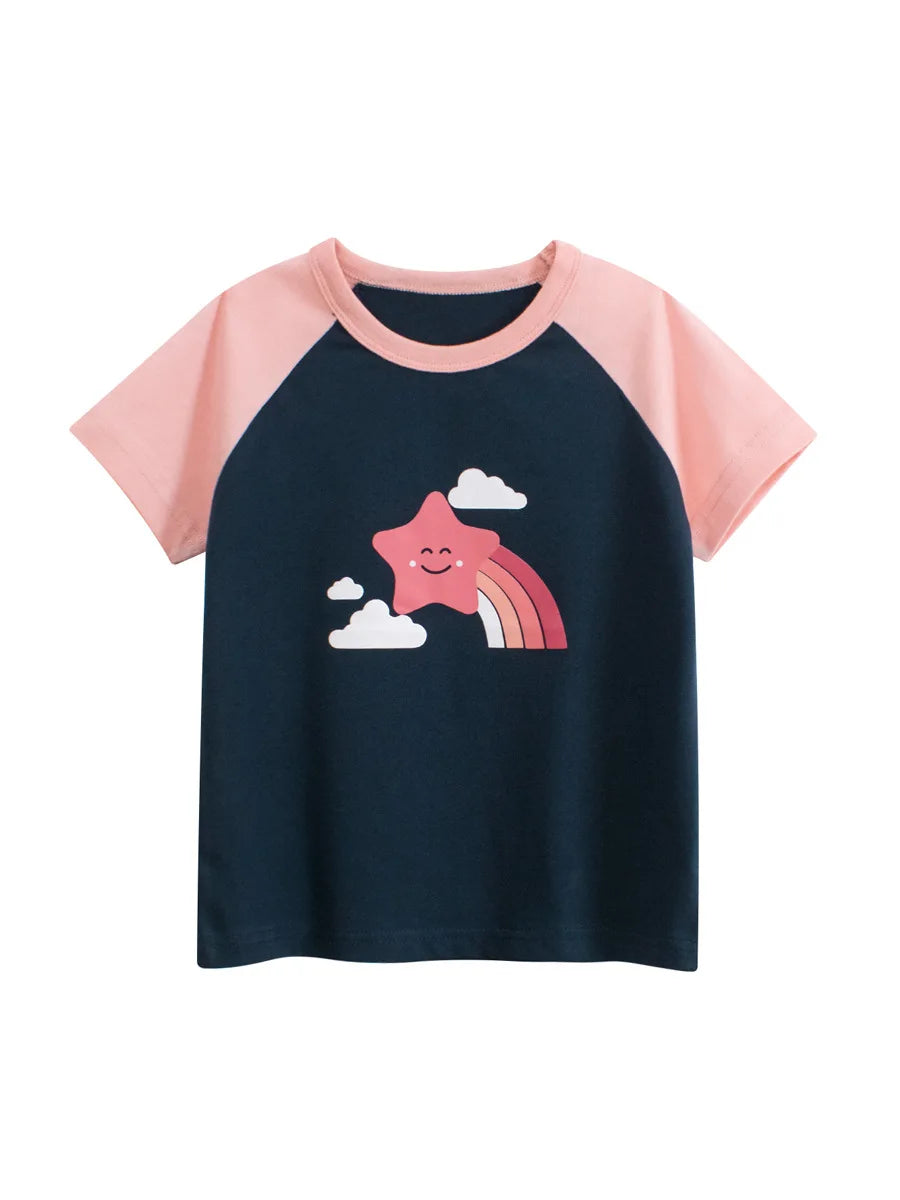 1-9T Star Print Girls T Shirt Cotton Tee Top Summer Toddler Kid Baby Clothes Rainbow Tshirt for Childrens Loose Outfit