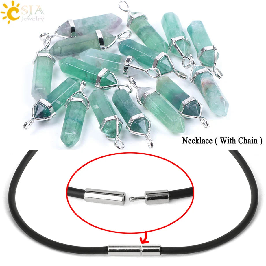 CSJA Fluorite Crystals Necklaces Pendants Suspension Quartz Natural Gem Stone Necklace for Women Hexagonal Reiki Healing G954