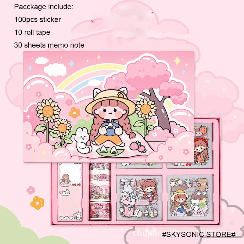 SKYSONIC New 100pcs Sticker,10 Roll Tape,30 Sheets Memo Notes Sakura PET Journal Gift Set Decor Stickers Kids Stationery Set