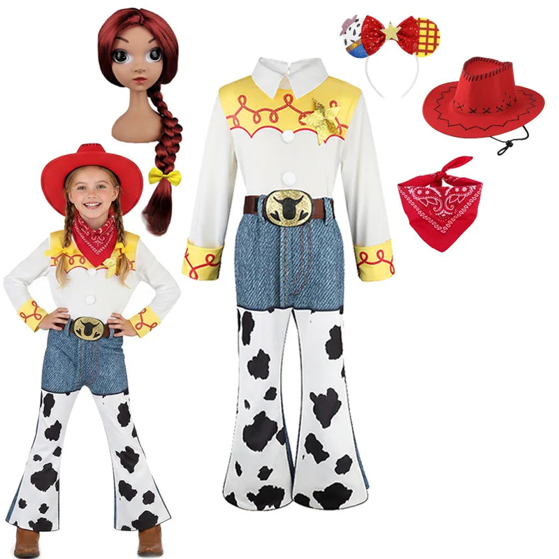 2026 Girls Jessie Cowgirl Costume Long Sleeve shirt Cow Print Flared Pants Kids Cosplay Outfit Halloween Carnival Casual Wear