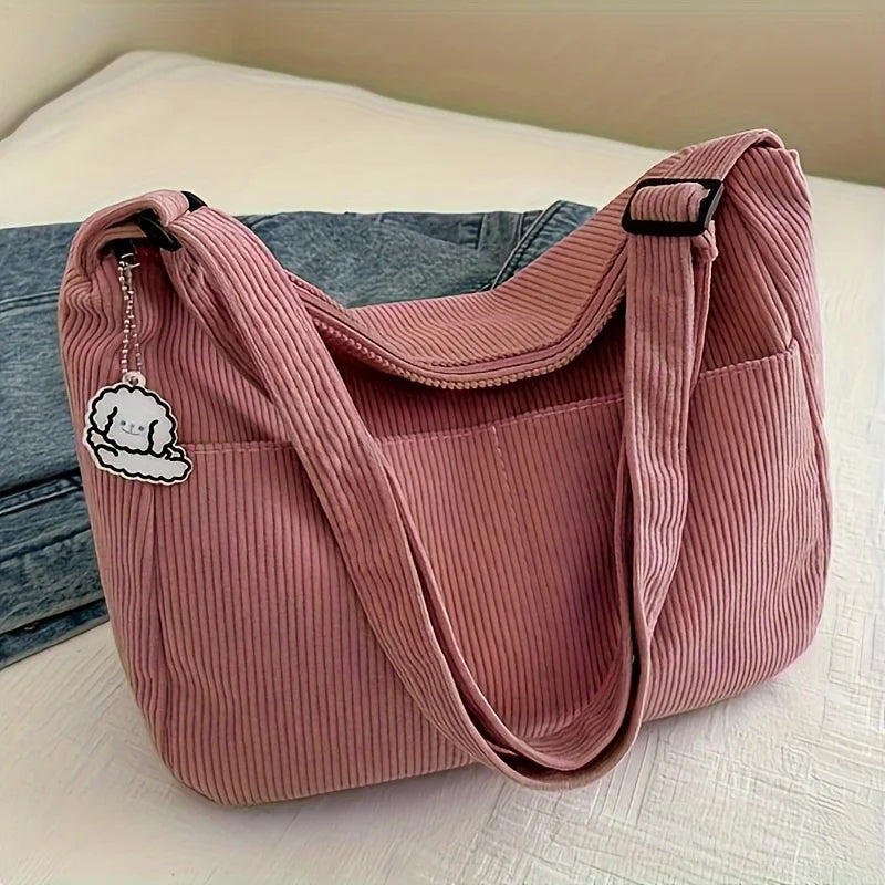 Women’s Corduroy Shoulder Bag, Casual Striped Large Capacity Tote with Zipper Closure, Cute Hat Patch, Perfect for Everyday Use