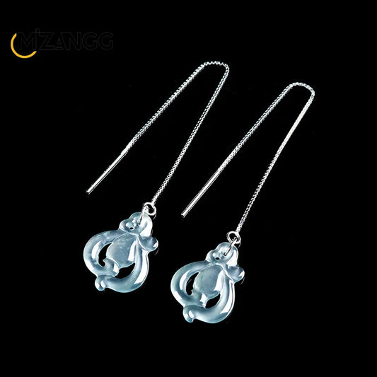 Original Natural Jadeite Blue Water Orchid Ear Line S925 Silver Ice Jade Personality Exquisite Fashion Women's Jewelry Gift