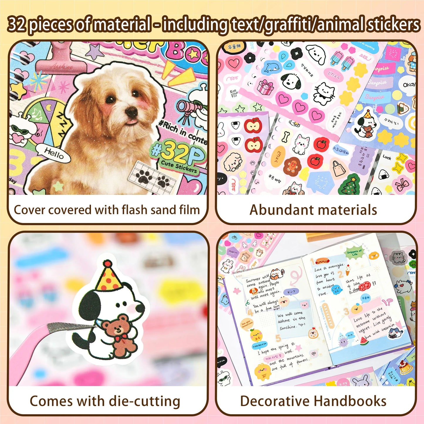 1600+ Materials, 32 Cute Animal Sticker Books, Double Spiral Binding with Built-In Die-Cutting, DIY Decoration Sticker Material Books for Journals/Water Bottles/Notebooks, Etc
