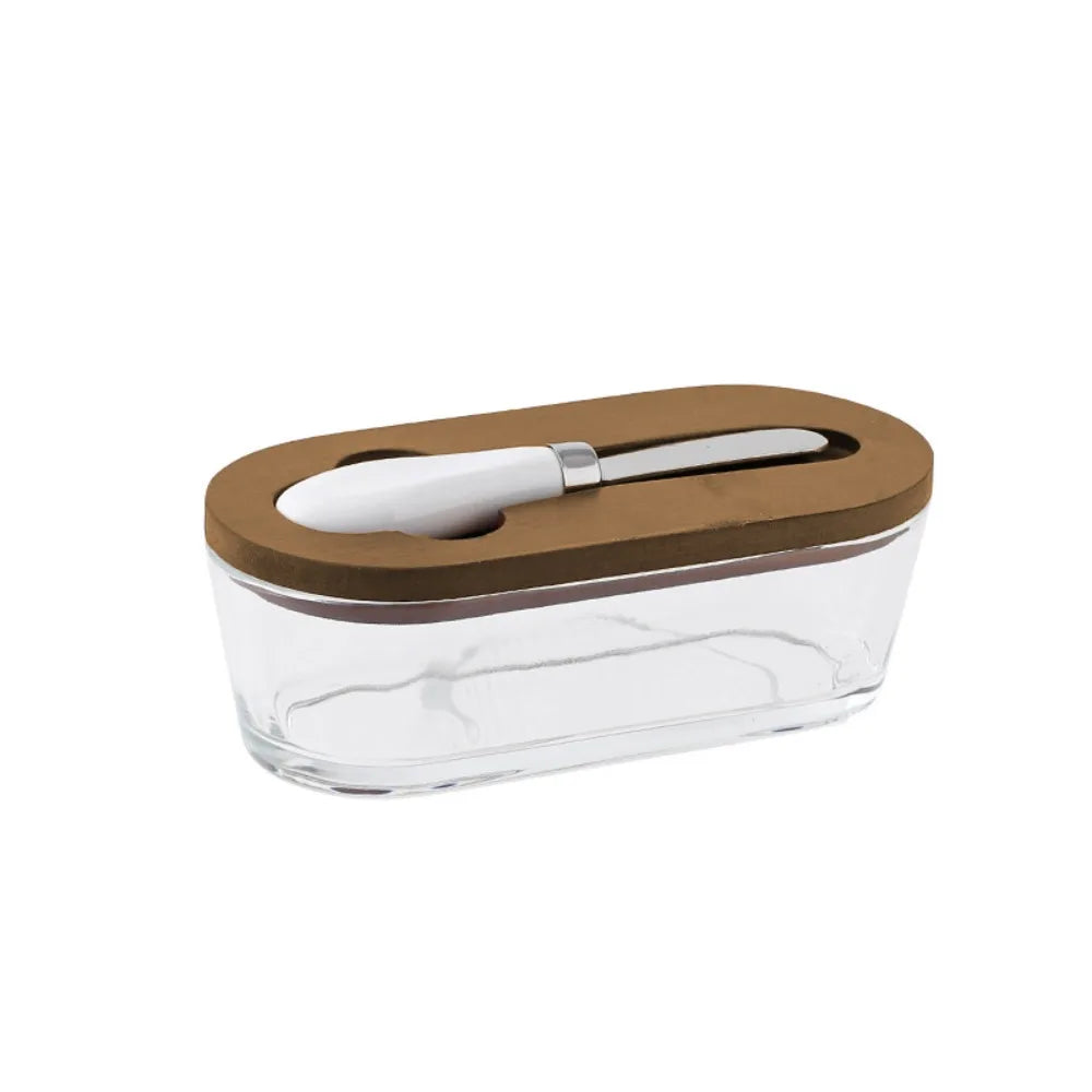 Durable Oval Shape Glass Butter Box Visible Fresh-keeping Butter Dish With Lid and Spatula Transparent Butter Container Baking