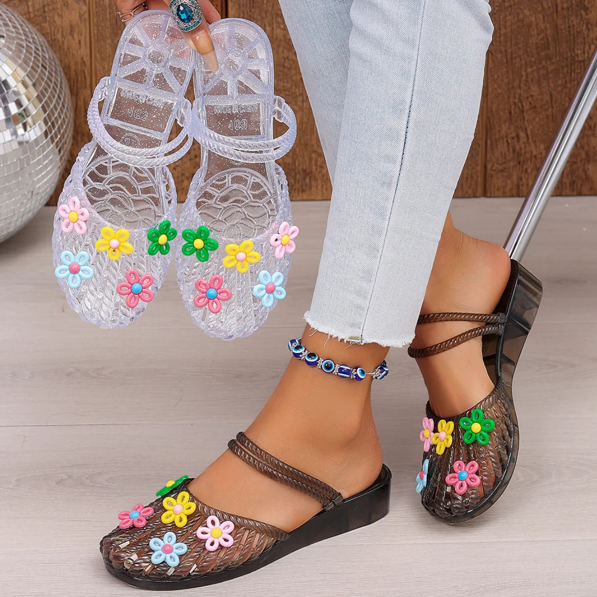 Korean Colorful Flower Transparent PVC Jelly Sandals Woman Summer 2026 Beach Wedges Heel Slippers Ladies Slingback Half Slippers