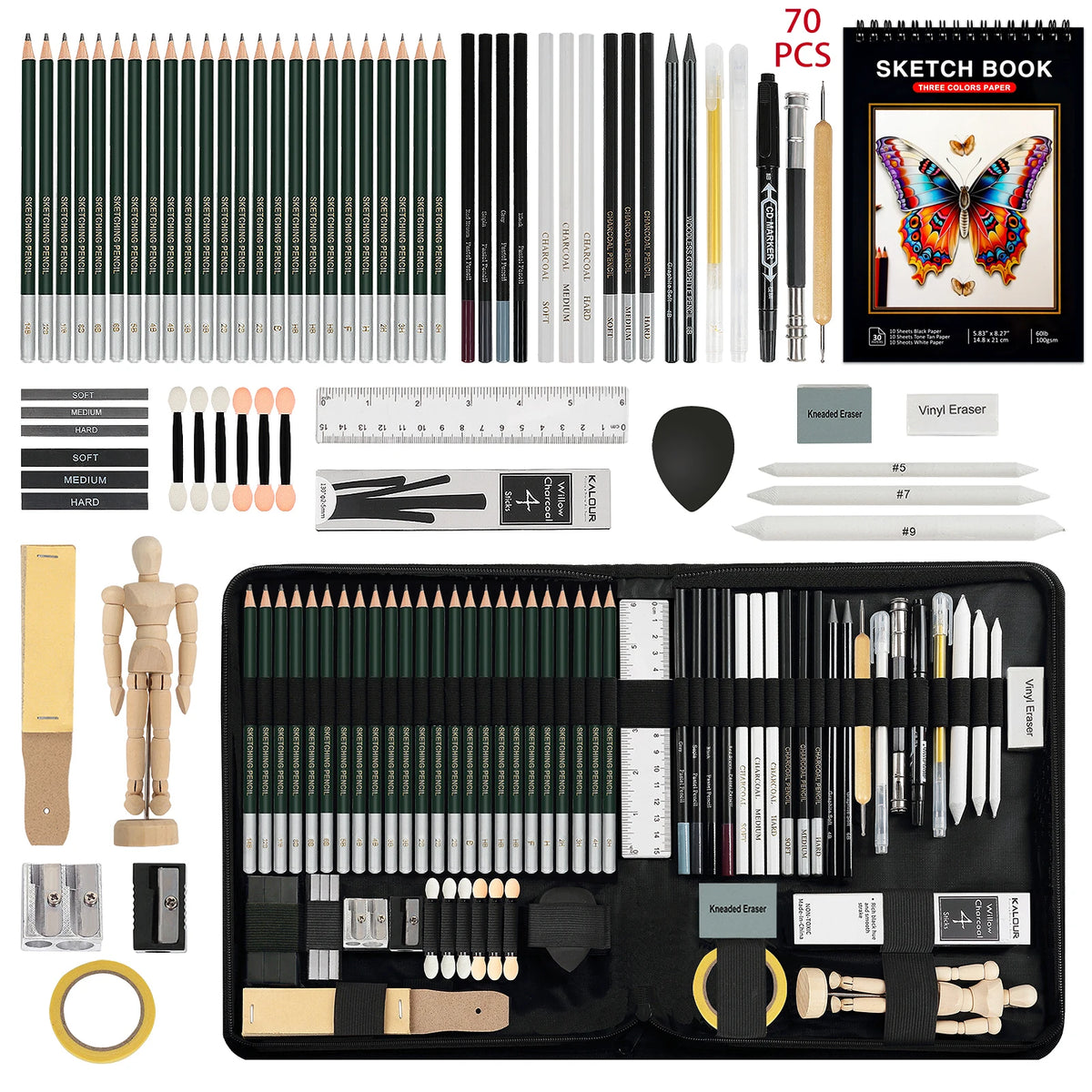 29-70 pcs Drawing Set Sketching Kit - Art Supplies,for Adults Artists with 3-Color Sketchbook,Graphite,Pastel,Charcoal Pencils