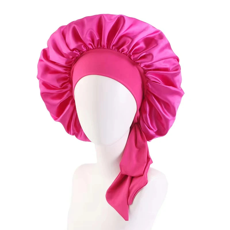 New Satin Sleeping Cap For Women Solid Wide Band Stretch Head Tie Silky Bonnet Edge Wrap Nightcap Hair Care Shower Head Cover