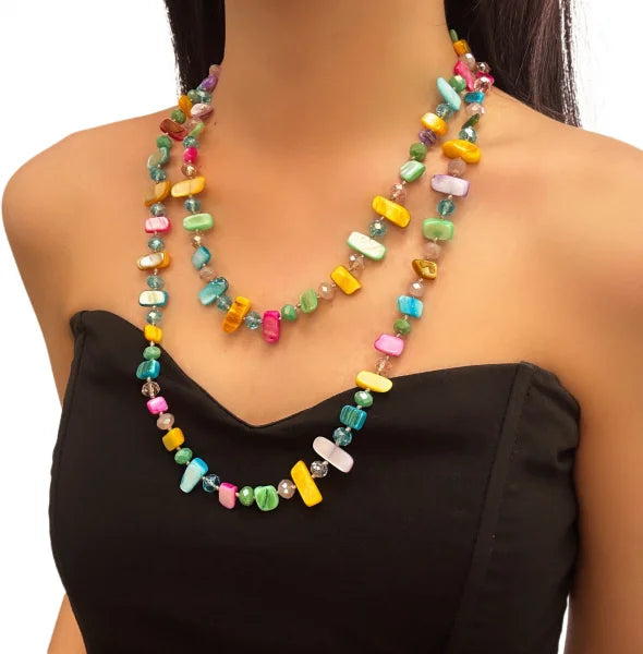 Bohemian Vintage Irregular Natural Stone Necklace for Women Handmade Crystal Beads Double Layer Long Sweater Chain Jewelry Gift