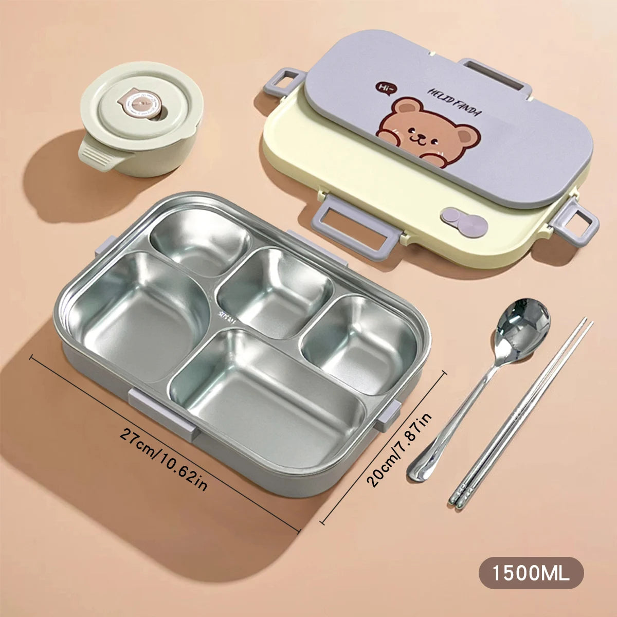 Large Capacity Divided Lunch Container Set For Kids Students Sealed 304 Stainless Steel Bento Lunch Box With Bowl&Cutlery 6
