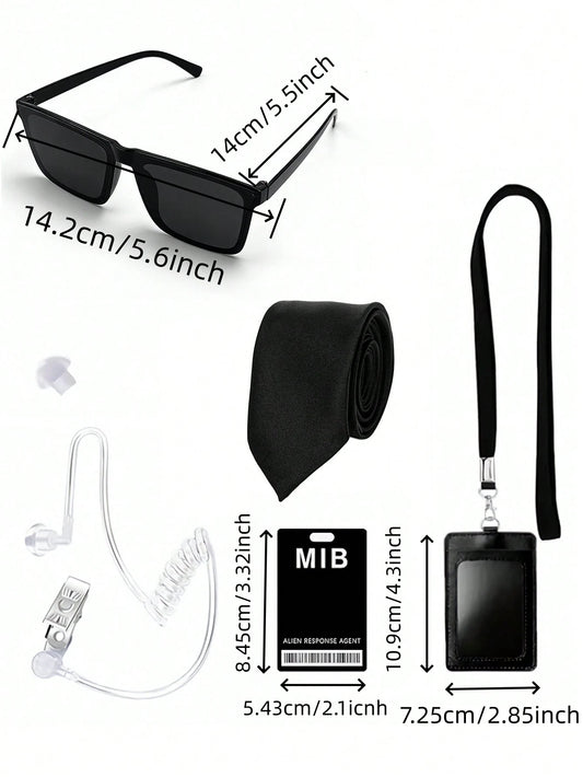 Secret Agent Costume Accessory Set – Sunglasses, Tie, Earpiece & ID Holder