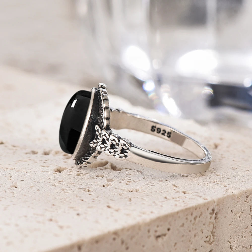 Vintage S925 Sterling Silver Natural Blakc Onyx Ring Oval 8*10MM Simple Black Twists Ring Party Gifts Fine Jewelry For Women Men