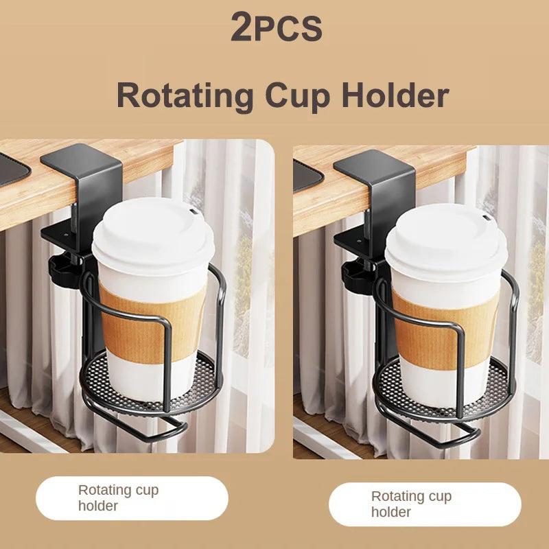 2 in 1 Desk Cup Holder with Headphone Hanger Holder, Anti-Spill Clip-On Table Cup Hook with 360° Rotation for Office Home Table