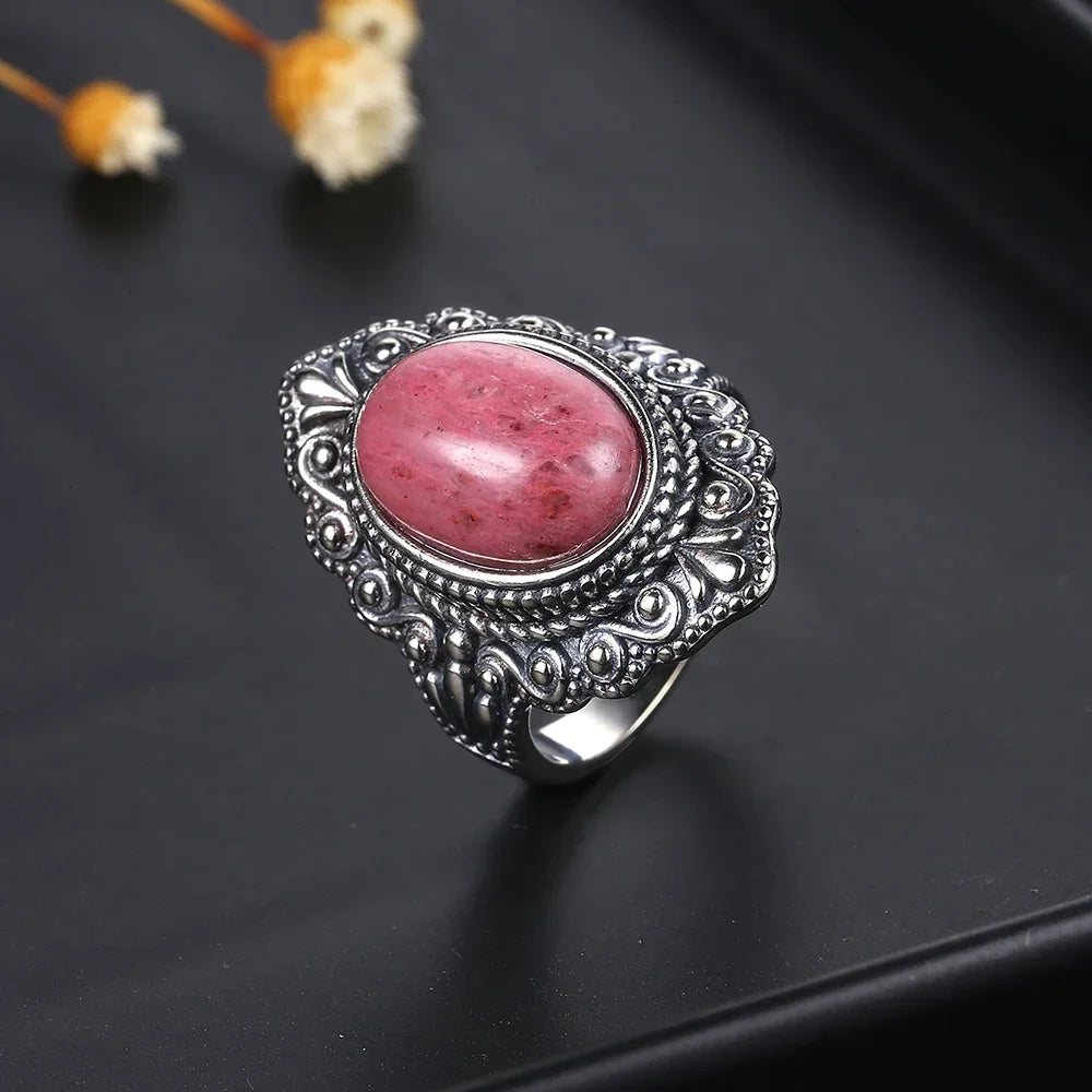 Natural Rhodochrosite Rings Women's S925 Silver Jewelry Ring Gifts Vintage Fine Wedding Ring