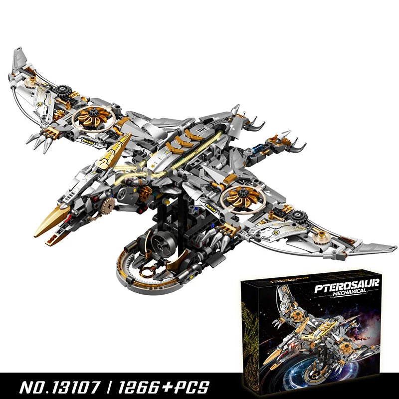 Mechanical Pterosaur Dinosaur Model Building Blocks Movable Limbs Rotatable Mouth Gear Structure Display Stand Toy Gift Adults