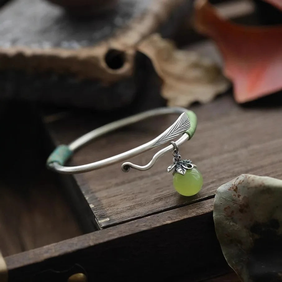 silver 925 Natural chalcedony Round Beads Bracelet Fresh Green Milk Lid and Leaf Opening Bracelets Classic Jewelry Gifts
