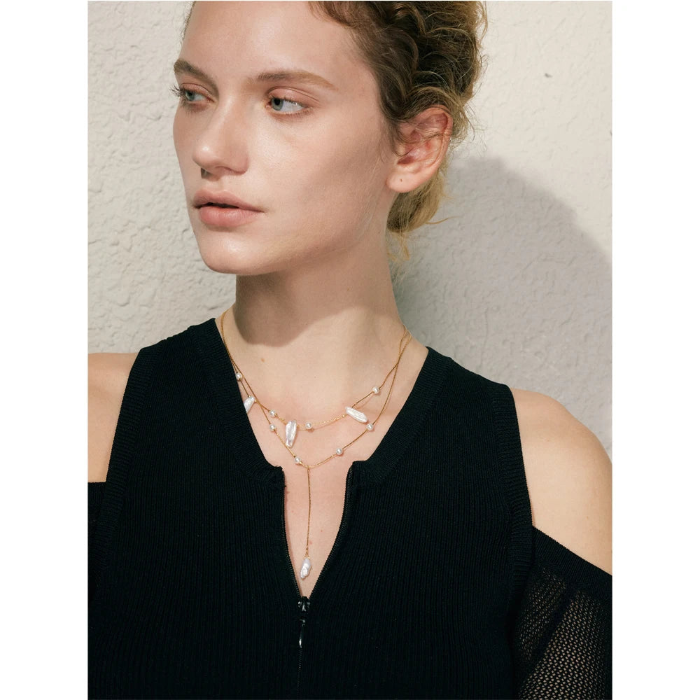 Yhpup Exclusive Design Baroque Natural Freshwater Pearls Luxury Necklace Stainless Steel Double-Layer Chain Premium Jewelry Gift