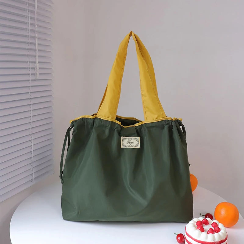 Large Capacity Reusable Shopping Bag Fashion Eco-Friendly Drawstring Grocery Bag Casual Travel Waterproof Shoulder Handbag