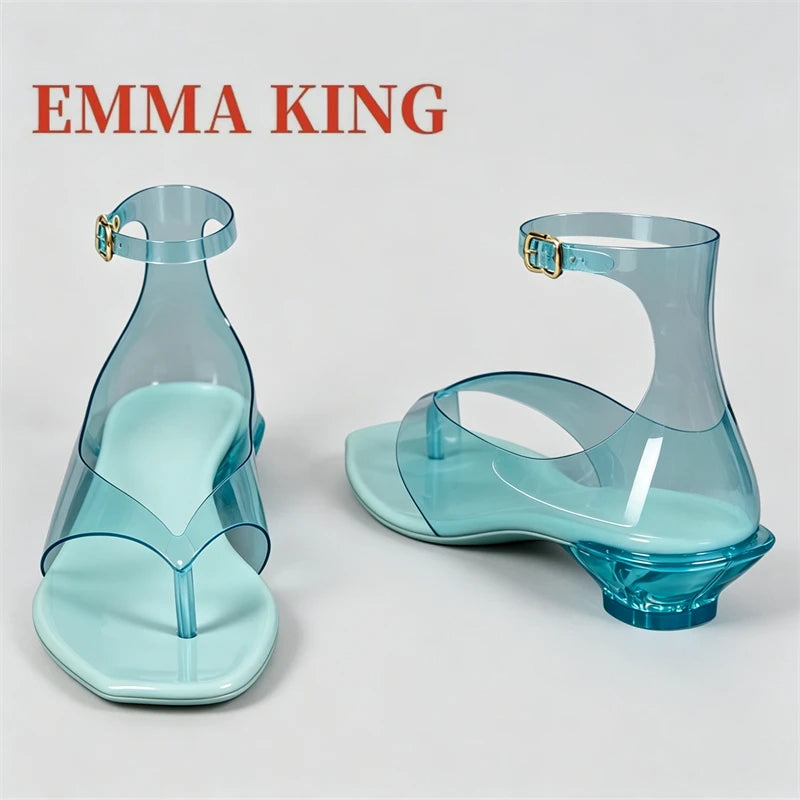 Women's Thong Jelly Sandals,2026 New Clear PVC Sandals ,Ankle Buckle Strap Low Heel Sandals,Summer Beach Casual Footwear,35-43
