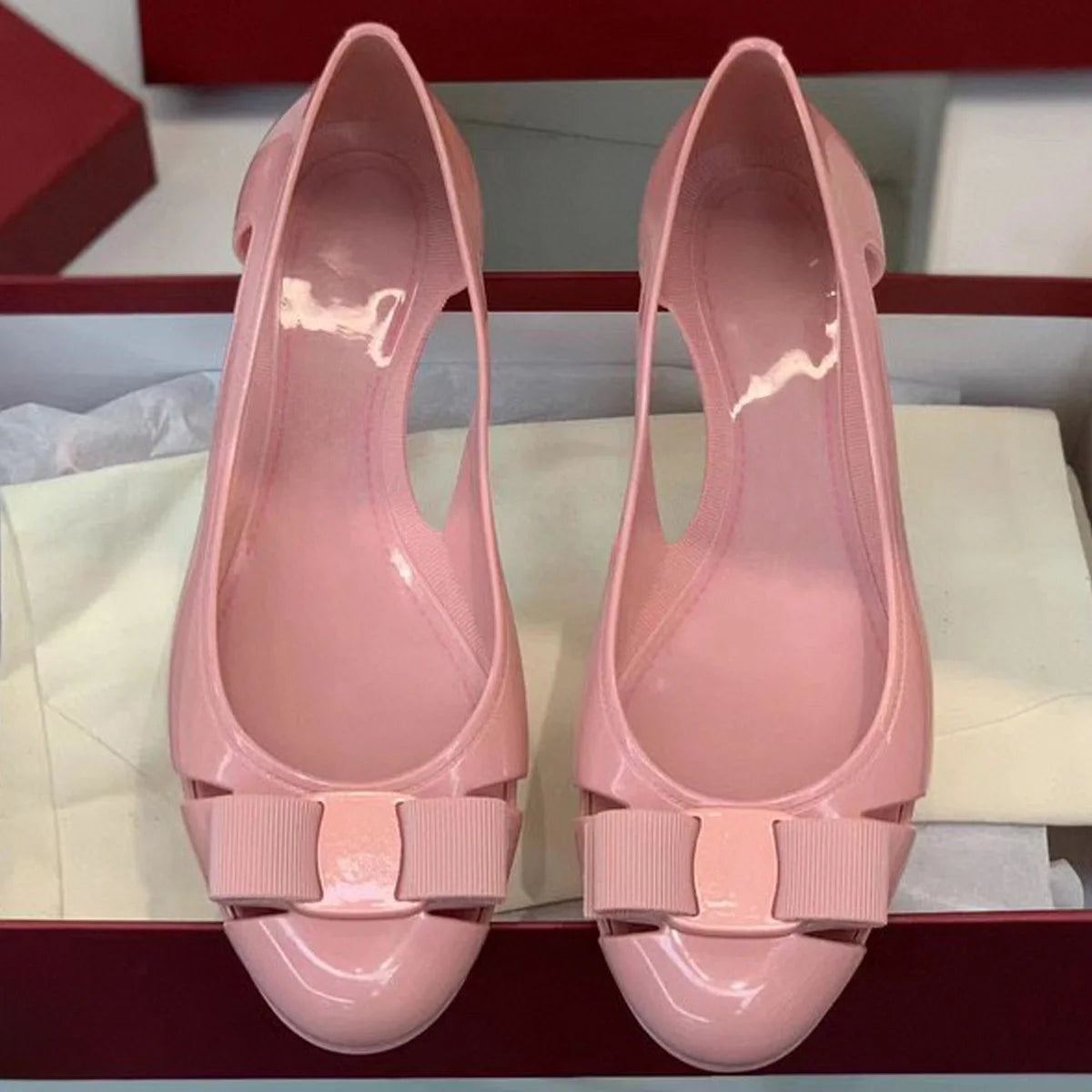 2026 Women's Jelly Round Toe Bowknot Flat Shoes, Elegant Cutout Slip-On Sandals for Summer Daily & Vacation YYT26042102