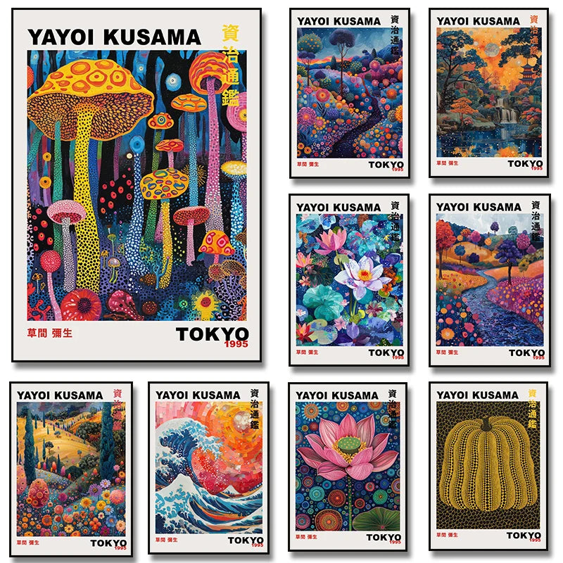 Colourful Yayoi Kusama Mountains and Rivers Poster Vintage Japanese Matte Canvas Material Mural Gallery Bedroom Wall Art