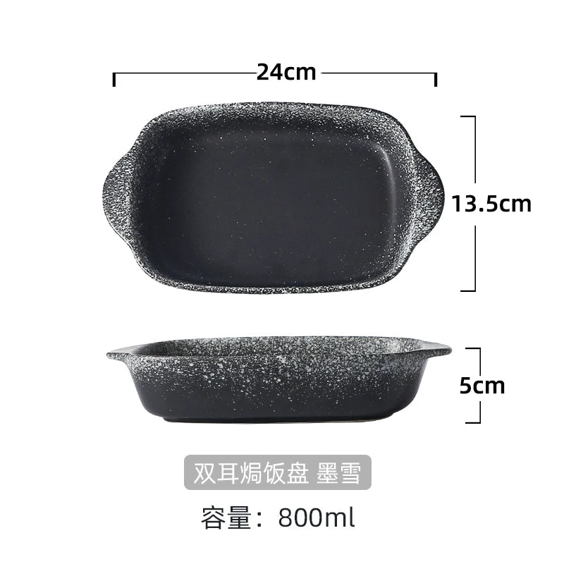 Japanese Tableware Binaural Baking Tray Ceramic Cheese Baked Rice Baking Bowl Oven Special Utensils with Tray Rectangular Plate