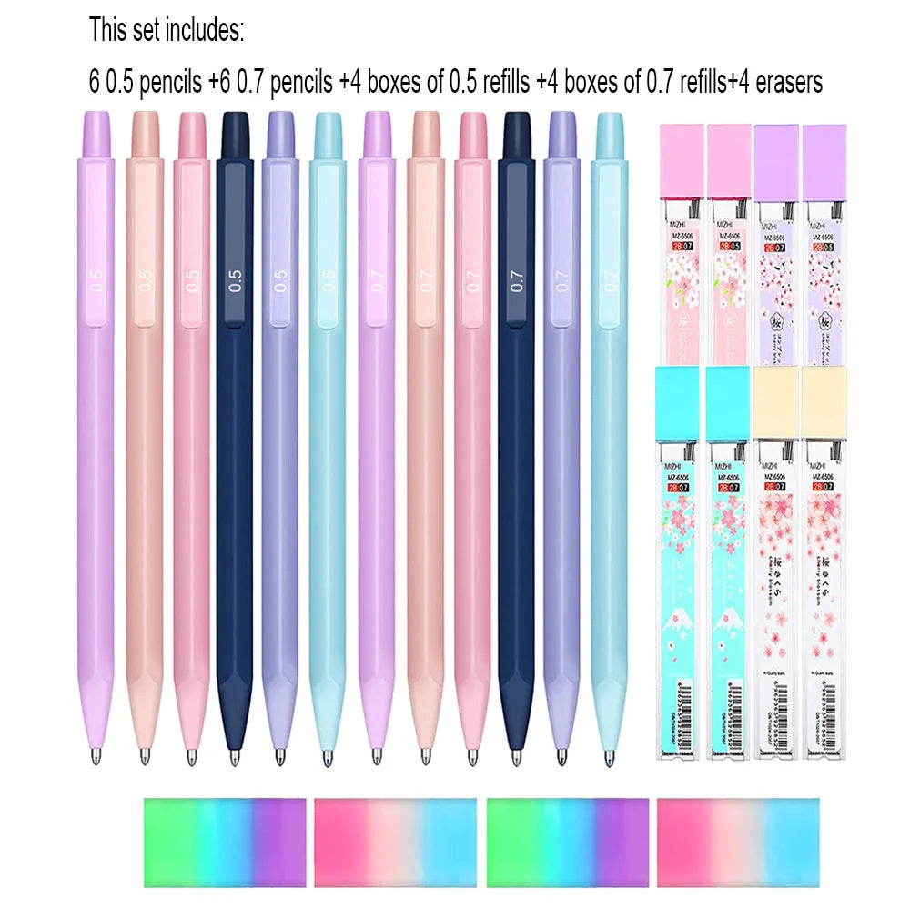 Cute Pastel Mechanical Pencil Set, 0.5mm & 0.7mm Dual Sizes for Precise Writing, Art Drawing Sketching Girls’ School Supplies
