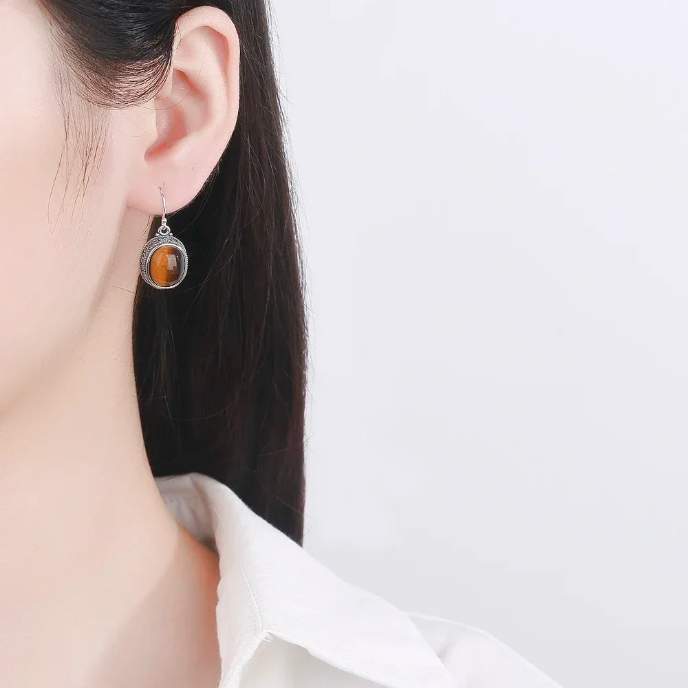 Women's Jewelry S925 Silver Earrings 10*12mm Oval Natural Tiger Eye Drop Earrings Fine Jewelry Engagement Birthday Gift