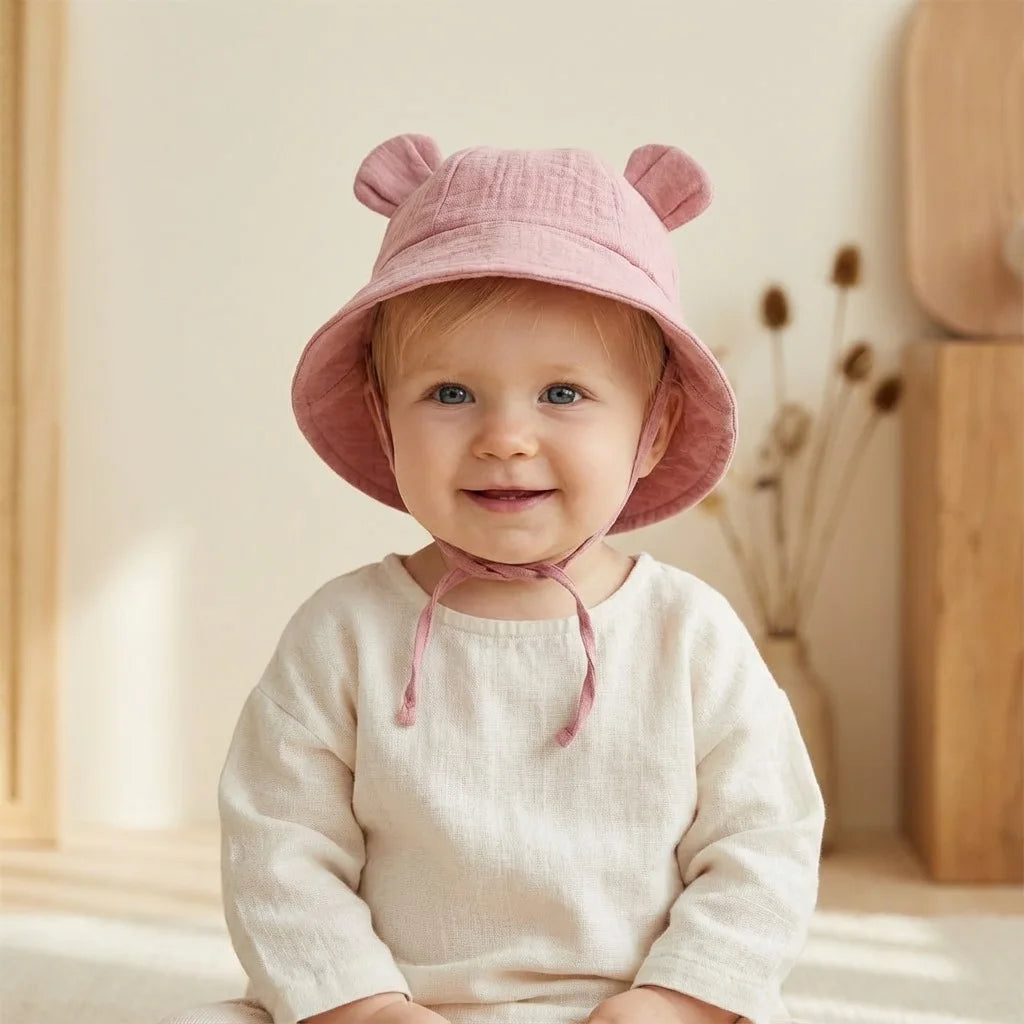 INS Summer Baby Solid Color Gauze Basin Hat New Rabbit Ear Fisherman Hat for Kids Sun Hat