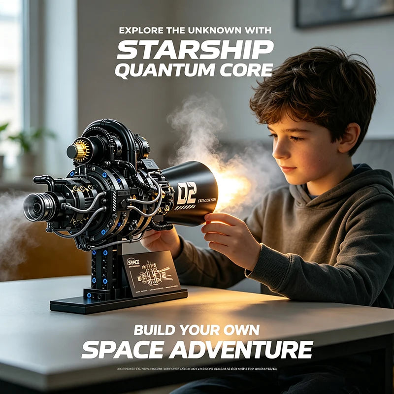 Sci-Fi Starship Quantum Engine Building Blocks Set with Mist Spray & LED Light, STEM Toy for Kids Adults, Home Decor, Boy's Gift