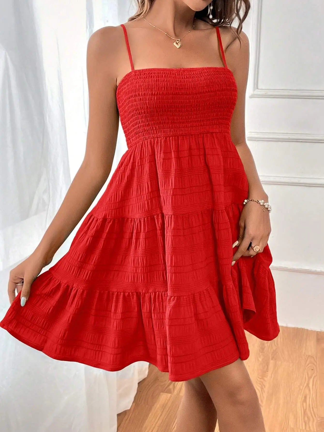 Women's Fashion Spaghetti Strap Smocked Bustier Mini Dress Blue Ruffled Tiered Swing Dress Summer Casual Vacation Beach Wear