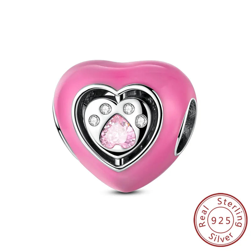 925 Sterling Silver Heart Shape Charm Beads Mother Daughter Family Pet Paw Beads Fit Bracelets Mother's Day Jewelry Gift