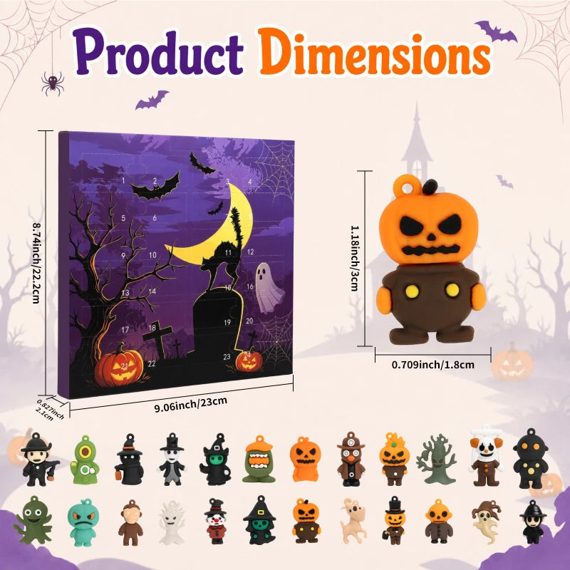 Halloween Advent Countdown Calendar Blind Box with 24 Mini Spooky Figurines Keychain Charms Surprise Kids Party Favors Gifts