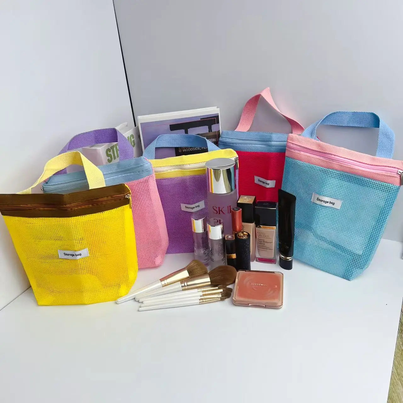 Ins Style Vibrant Bright Color Summer Mesh Tote Bag Small Cosmetic Bag Handbag Foldable Portable Toiletry Bag Women's Beach Bag