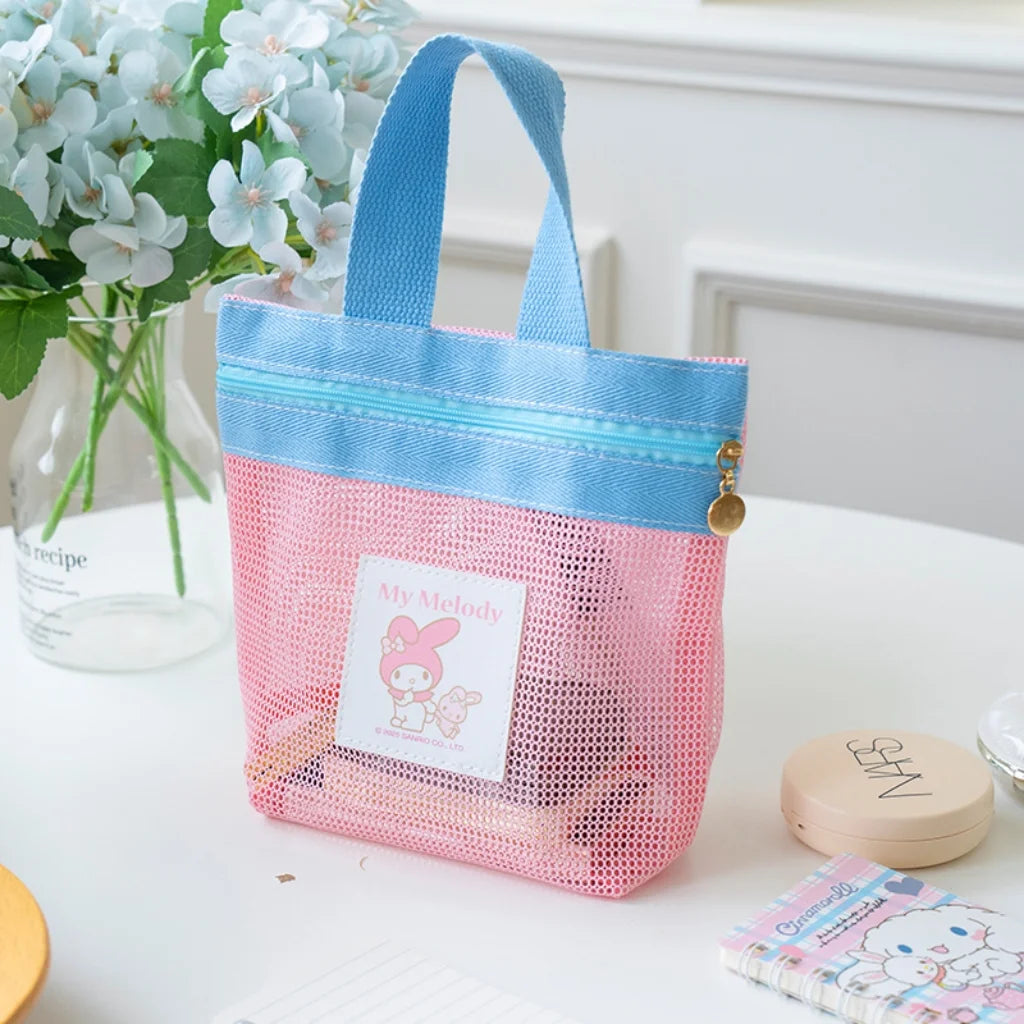 Sanrio Hello Kitty Mesh Bag Portable Tote Bag with Zipper Cute Cartoon Handbag for Women Kids Daily Use