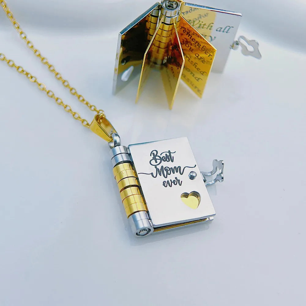 Mother’s Day Gift Best Mom Ever Book Necklace Stainless Steel Engraved Book Locket Necklaces Women Daughter Present for Mom