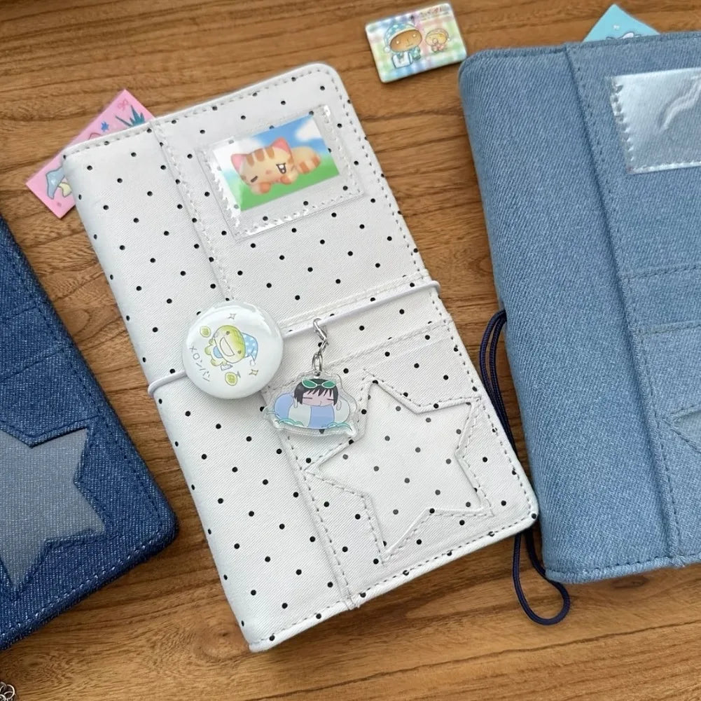 A6 Polka Dot Cloth Binder Notebook 6-Hole Loose Leaf Portable DIY Scrapbook Journal Multi Pocket Photo Album Planner School Gift