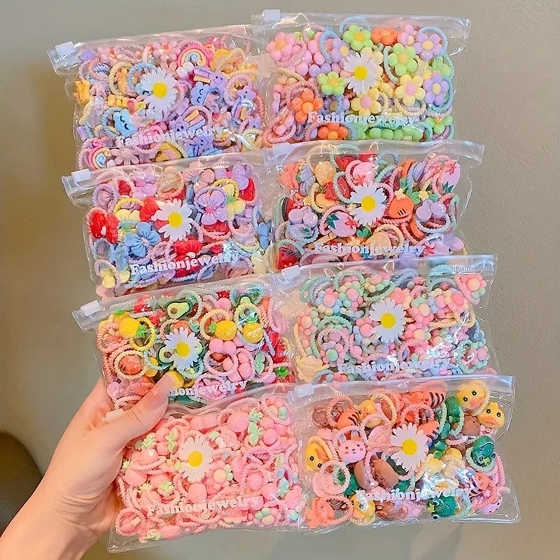 30pcs Girls High Elastic Hair Bands Non-Hurting Cartoon Animal Flower Fruit Decorative Hair Bands for Kids