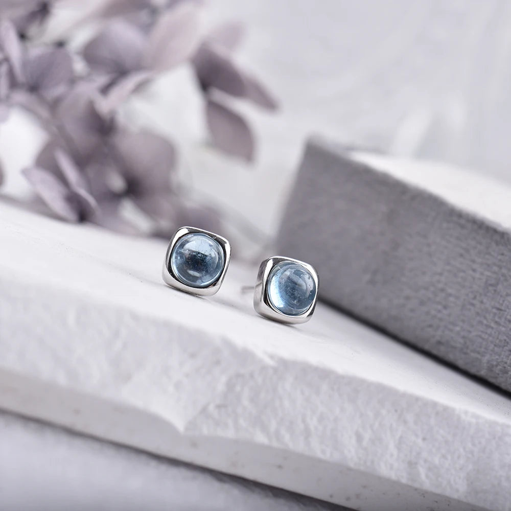 ITSMOS Small Genuine Blue Aquamarine Studs Earrings Natural Gemstone Crystal Delicate Simple Jewelry Women Classic Gift