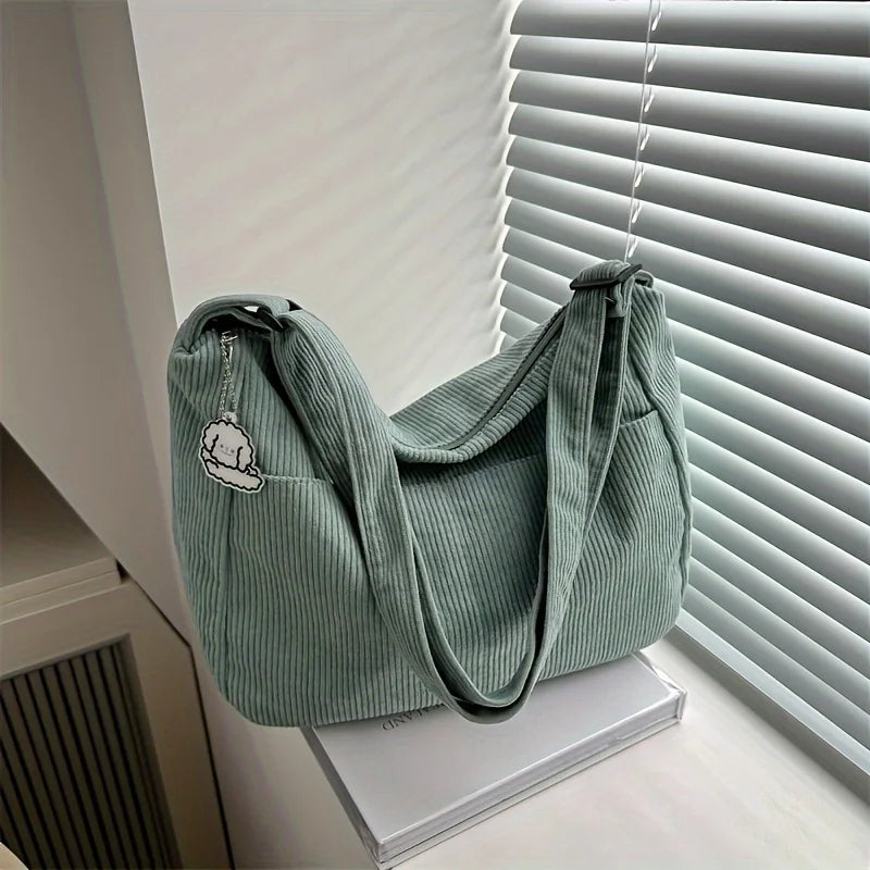 Women’s Corduroy Shoulder Bag, Casual Striped Large Capacity Tote with Zipper Closure, Cute Hat Patch, Perfect for Everyday Use