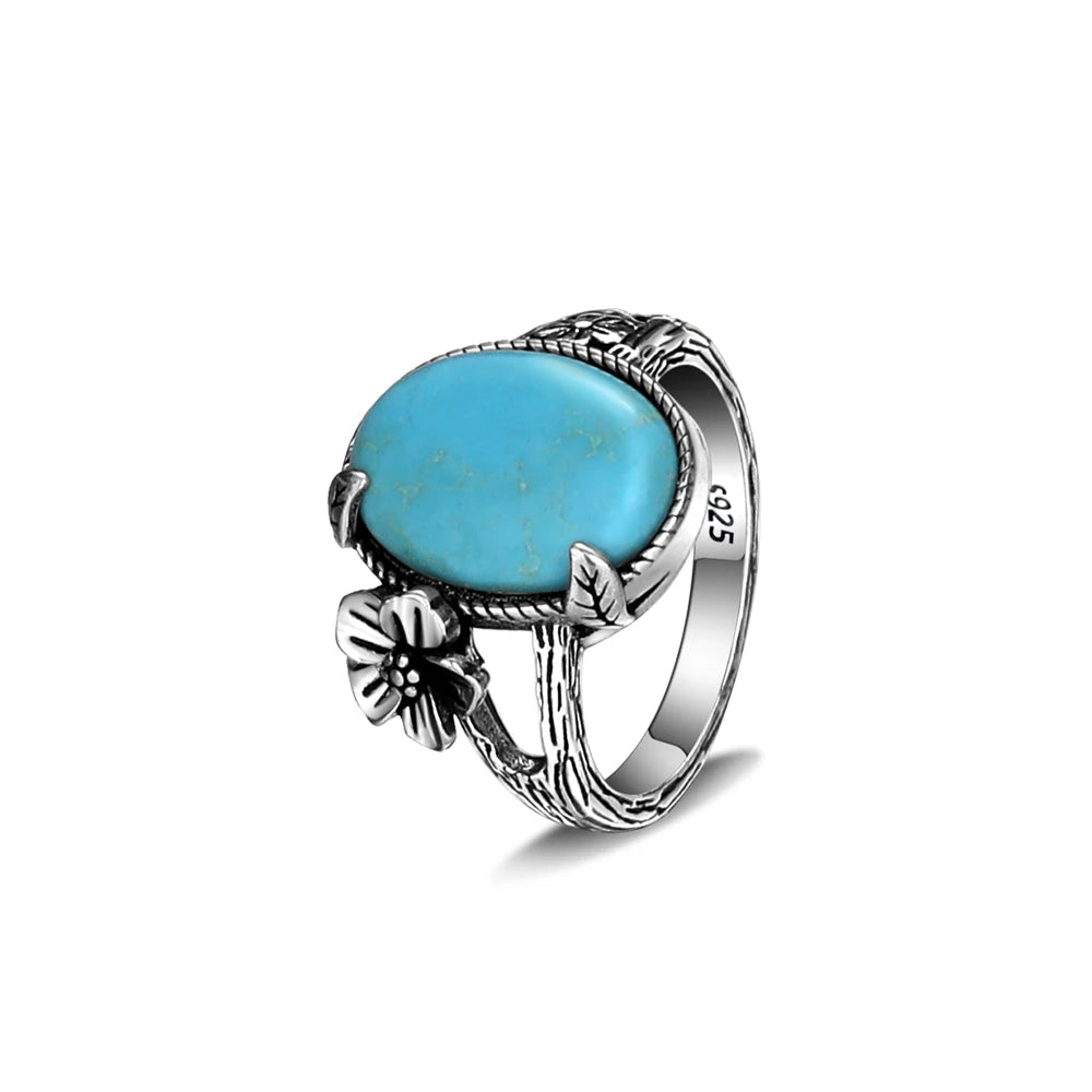 S925 Silver Oval Natural Turquoise Rings for Men Women Silver Fine Jewelry